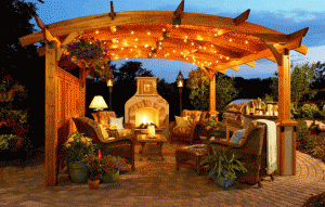 Pergola with fireplace at night